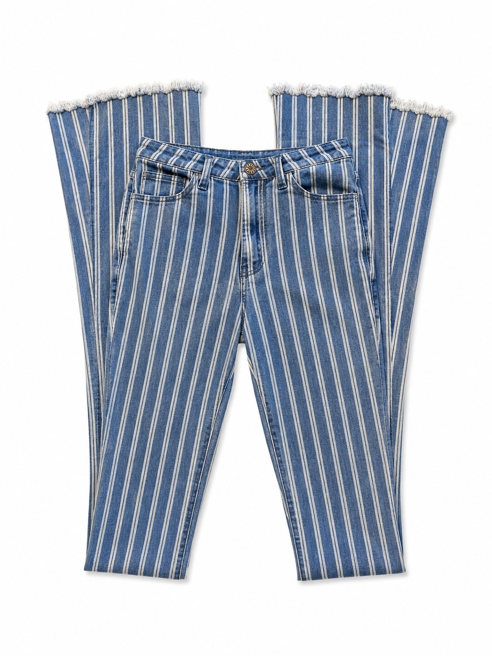 Mumu Blue Striped Blue Wide-Leg Jeans with Frayed Hem